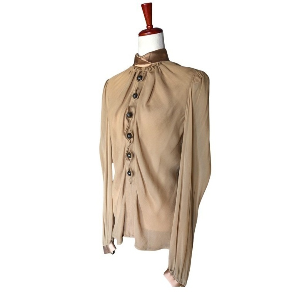 Dolce & Gabbana Tan Silk Chiffon High Neck Ruffle Blouse IT 46 Made in Italy - Picture 2 of 6